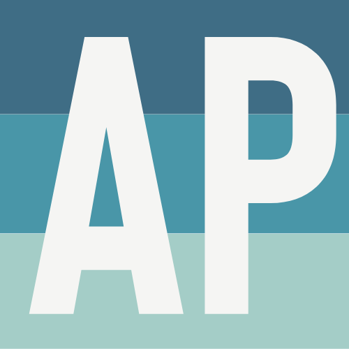 A blue and white logo for the ap.